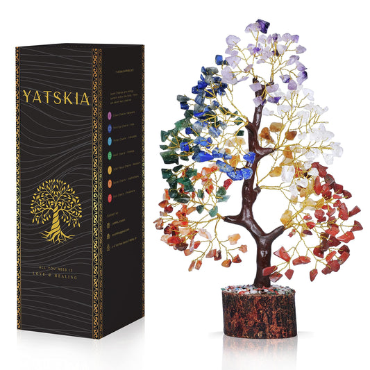 YATSKIA 7 chakra crystal tree on wood base showing vibrant stones for calm decor and focus.