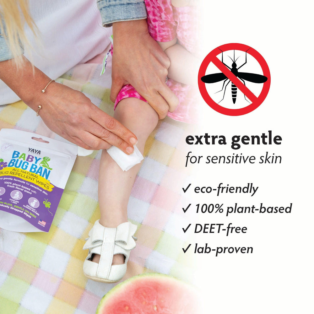 YAYA Organics Baby Bug Ban Spray being spritzed for quick outdoor protection