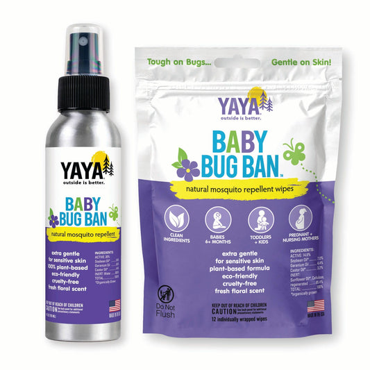 YAYA Organics Baby Bug Ban Spray bottle front view for gentle family repellent use