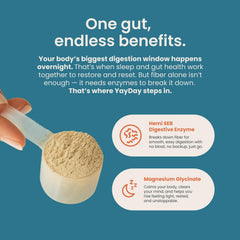 Scoop beside bottle suggesting bedtime gut balance with YayDay Nighttime