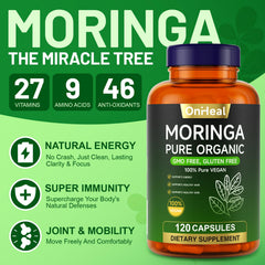 YBFQ moringa capsules label closeup highlighting organic vegan quality