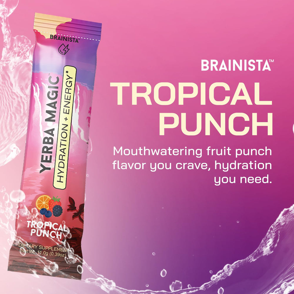 Desk setup with Yerba Magic Tropical Punch singles for focus