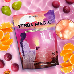 Pouring Yerba Magic Tropical Punch into a glass for refreshment