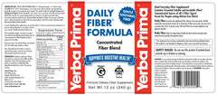 Yerba Prima Daily Fiber Formula bottle label highlights vegan and gluten-free formulation