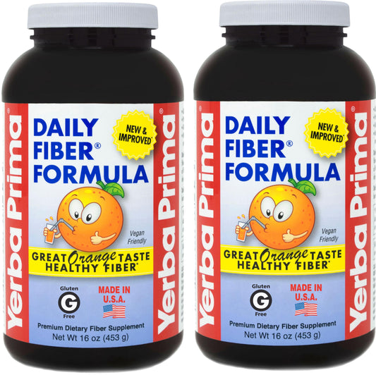 Yerba Prima Daily Fiber Formula orange powder jar for convenient daily fiber.
