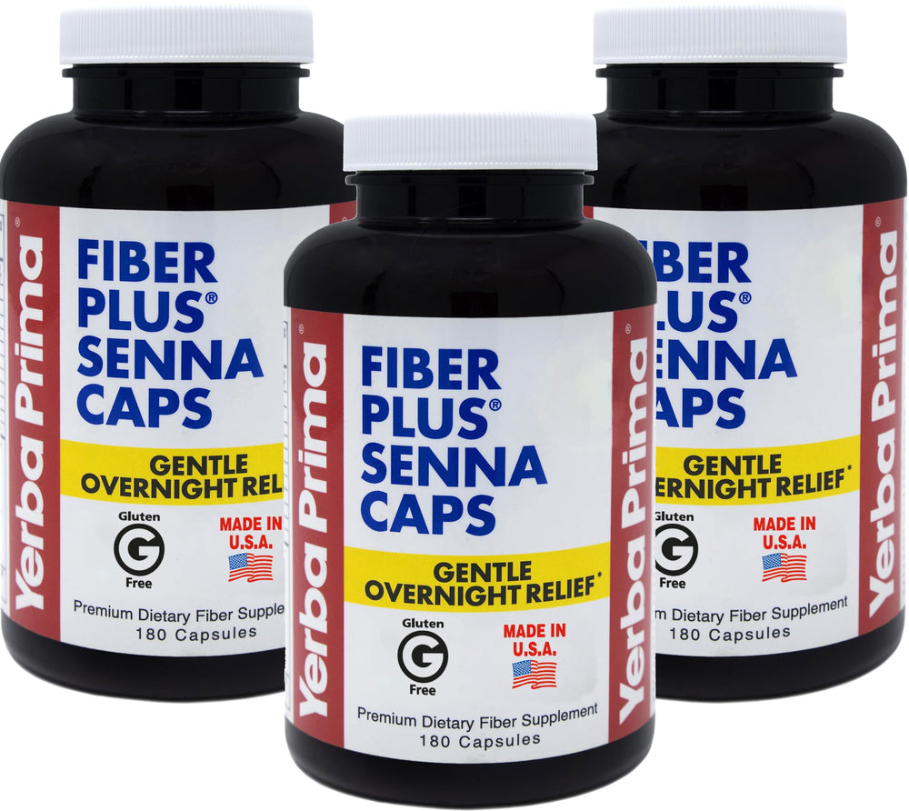 Yerba Prima Fiber Plus Senna capsules bottle front for gentle overnight relief