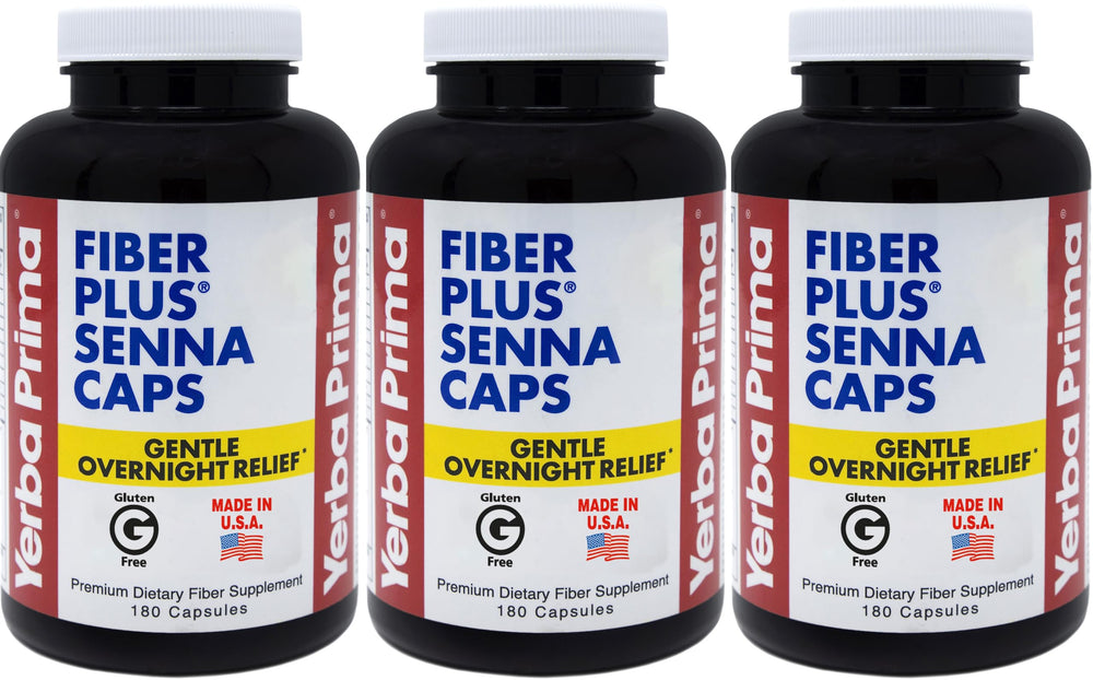 Yerba Prima Fiber Plus Senna capsules bottle for gentle overnight regularity