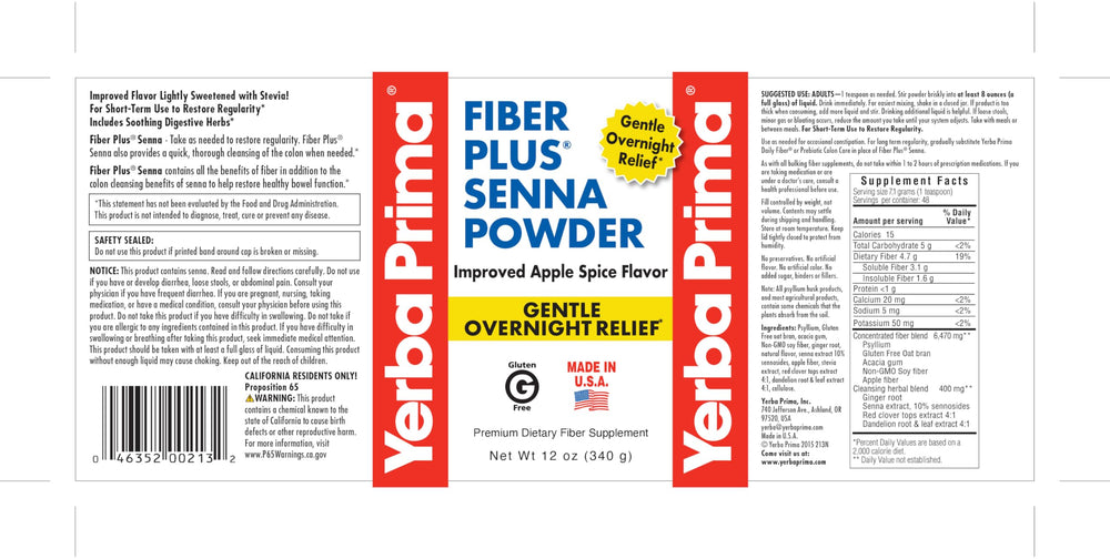 Yerba Prima Fiber Plus Senna Powder tub lid showing stevia-sweetened apple-spice profile