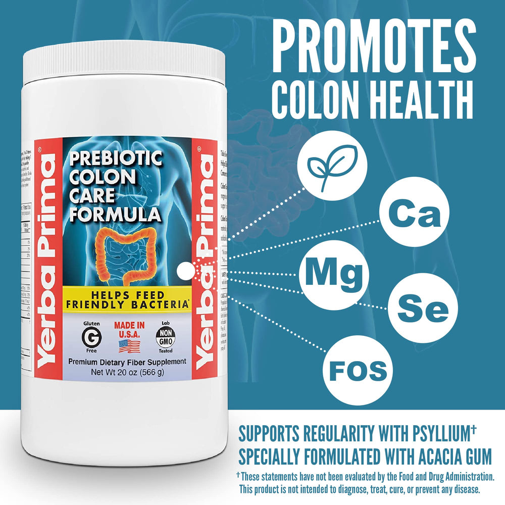Yerba Prima Acacia Gum visual for gentle colon support and prebiotic effects.