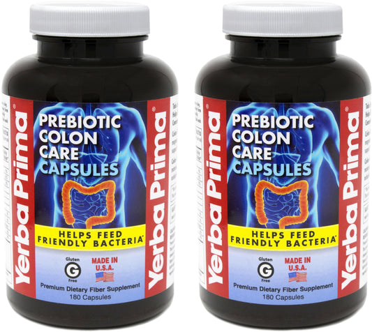Yerba Prima prebiotic colon care bottle supports daily fiber intake for digestive balance.