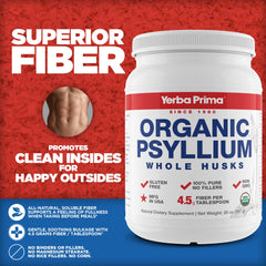 Yerba Prima psyllium husk bottle label shows high fiber per serving.