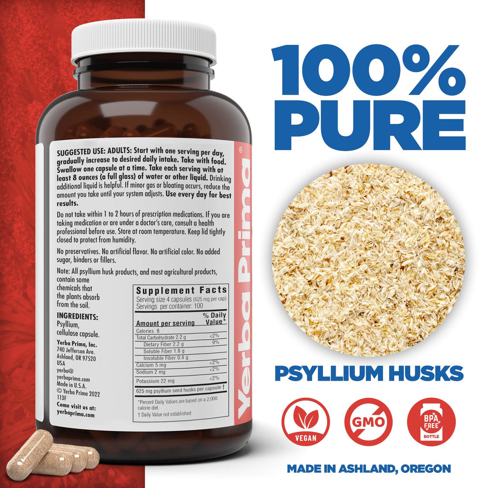 Closeup of Yerba Prima psyllium husk capsules highlighting 625 mg per capsule.