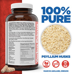 Closeup of Yerba Prima psyllium husk capsules highlighting 625 mg per capsule.