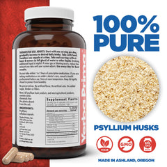 Yerba Prima psyllium husk capsules pouring, illustrating quick daily fiber for regularity.