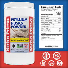 Yerba Prima psyllium powder stirred into liquid demonstrating quick hydration.