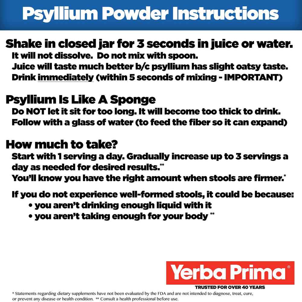 Yerba Prima psyllium husk powder unflavored scoop showcasing sugar-free fiber.