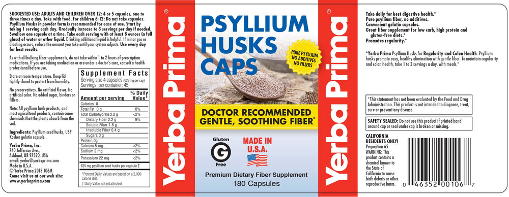Yerba Prima Psyllium Husk Caps label close-up highlighting ingredients
