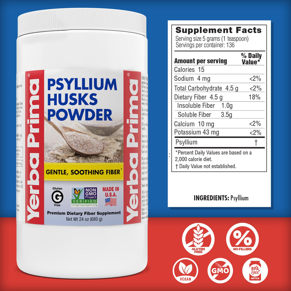 Yerba Prima psyllium husks powder scoop demonstrates easy portioning for mixing.