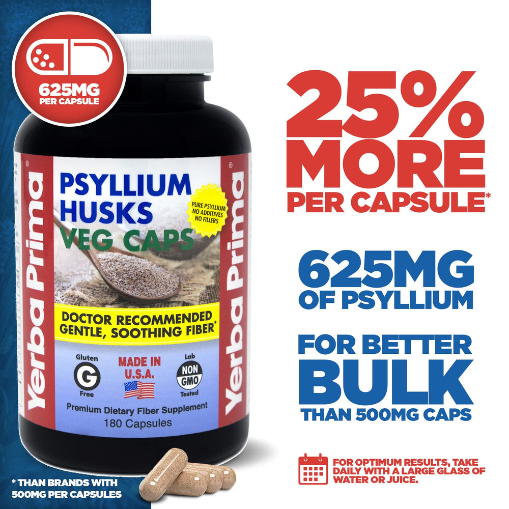 Yerba Prima Psyllium Husks Veg Caps 180-count box in triple-pack for steady fiber.