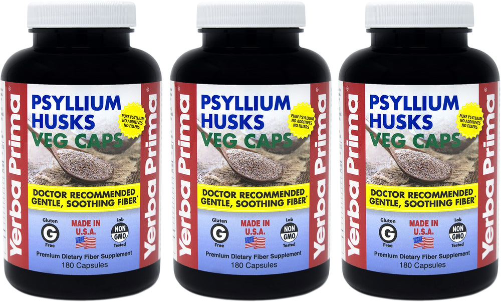 Yerba Prima Psyllium Husks Veg Caps bottle front for daily fiber support.