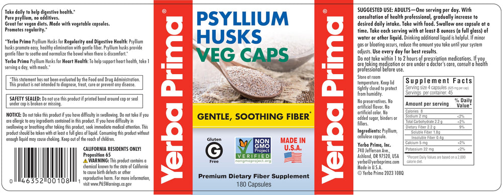 Yerba Prima Psyllium Husks Veg Caps ingredients label showing vegan and gluten-free formulation.