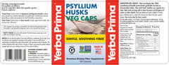 Yerba Prima Psyllium Husks Veg Caps ingredients label showing vegan and gluten-free formulation.