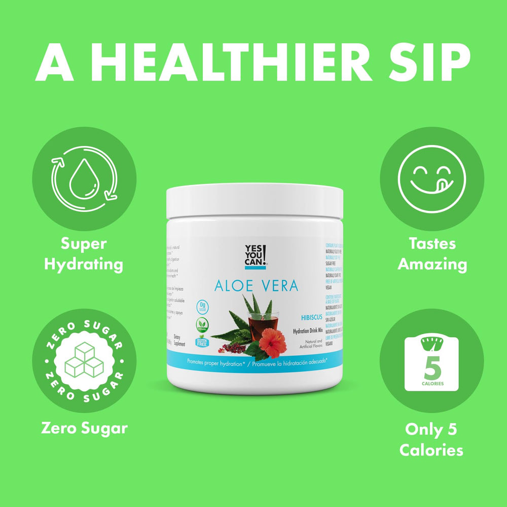 Yes You Can Aloe Vera Drink Mix glass with hibiscus for flavorful, refreshing hydration.