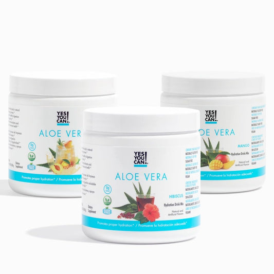 Yes You Can! Aloe Vera Drink Mix canister for convenient hydration with organic aloe vera.