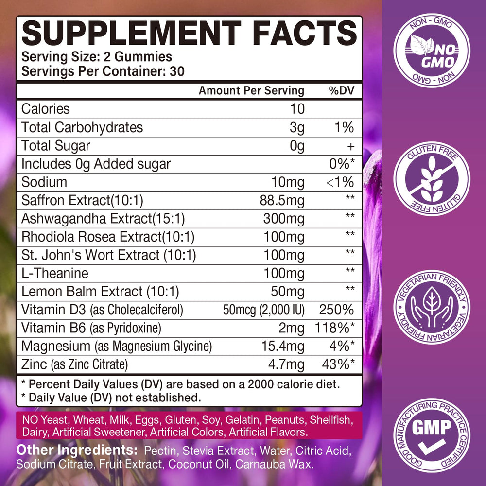 Close-up label on Yikecao saffron gummies highlighting saffron and vitamins.