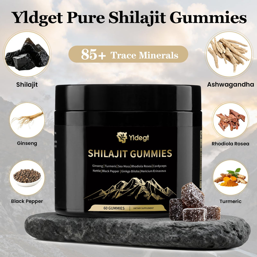Open jar of Yldegt Shilajit Gummies highlighting portable wellness routine.