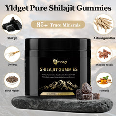 Open jar of Yldegt Shilajit Gummies highlighting portable wellness routine.