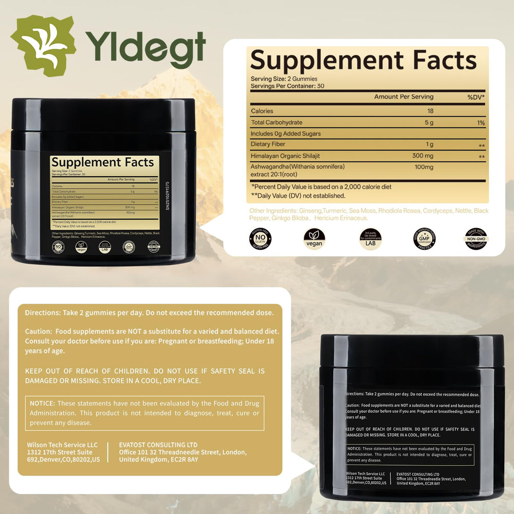 Yldegt Shilajit Gummies vegan and sugar-free formula label.