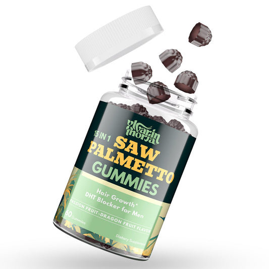 YLVARIN THORIA Saw Palmetto Gummies bottle showing label and daily wellness message