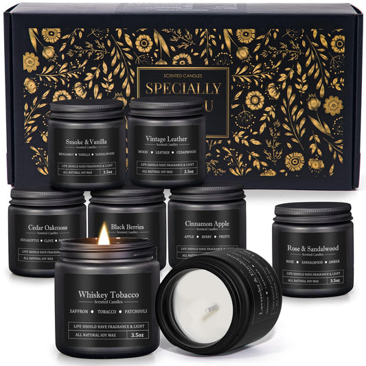 YMing 8-pack men's candle set pack shot shows varied masculine scents for refined ambiance