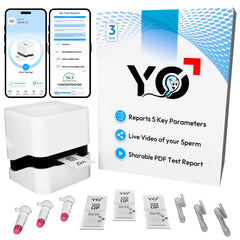 YO Home Sperm Test packaging showing kit contents for private home analysis