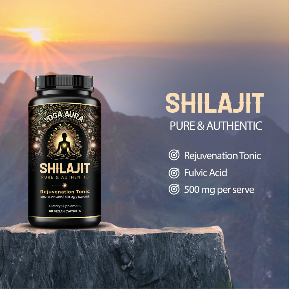 Yoga Aura Organic Shilajit capsules showcase fulvic acid and minerals.