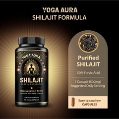 Yoga Aura Himalayan Shilajit capsules provide energy support for routines.