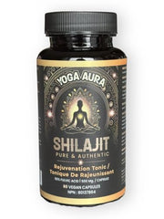 Yoga Aura Shilajit capsules in amber bottle prove lab-tested purity.