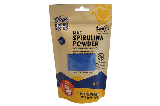 Yogi Super Foods blue spirulina powder bag for smoothies, enhanced protein and color.