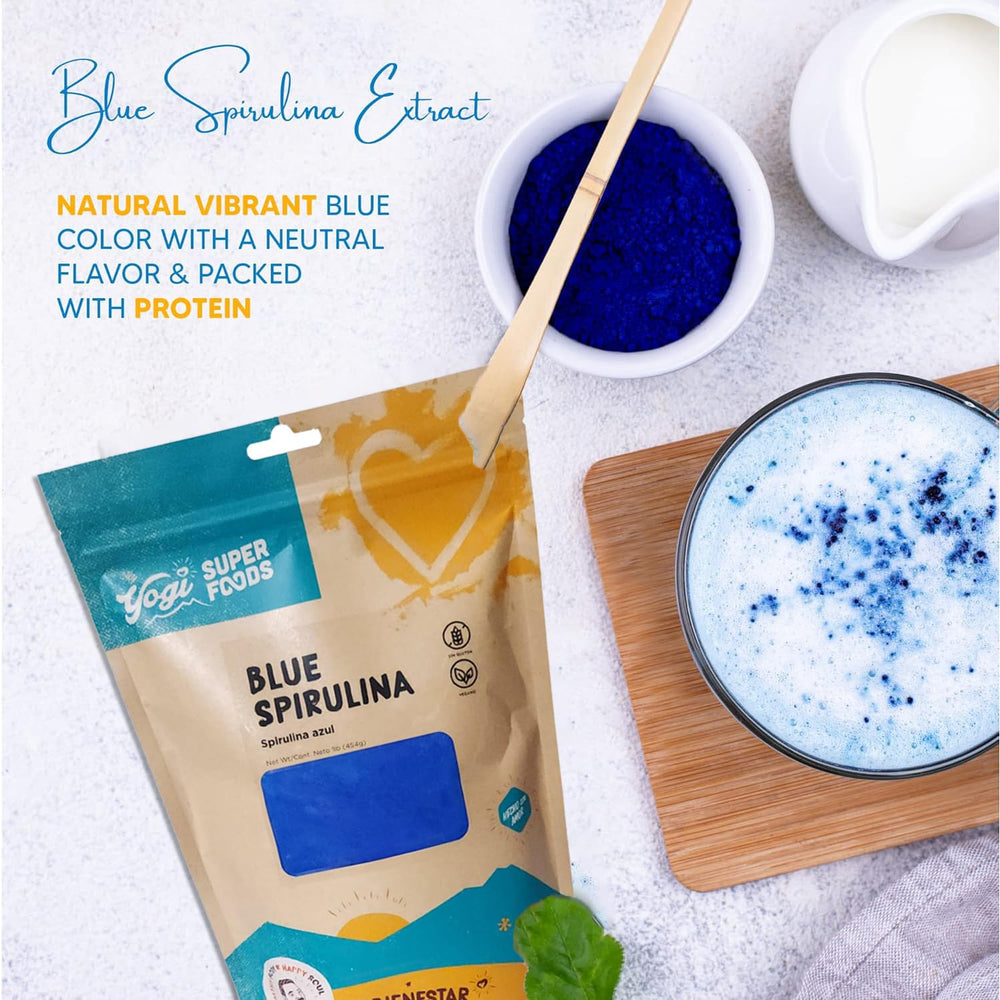 Yogi Super Foods blue spirulina powder in a bowl boosts smoothie color.
