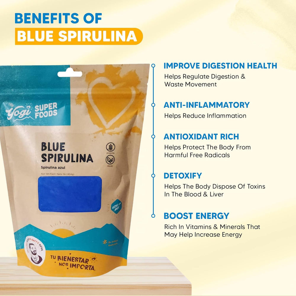 Smoothie with Yogi Super Foods blue spirulina powder for color and protein.