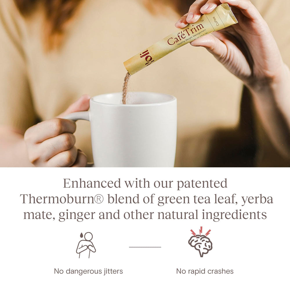 Morning routine with CaféTrim beside a hot mug for daily energy.