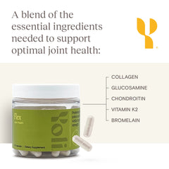 Yoli Flex ingredients chart highlights collagen and bromelain benefits.