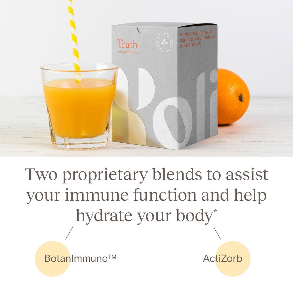 Yoli Truth packaging box highlighting on-the-go citrus packets.