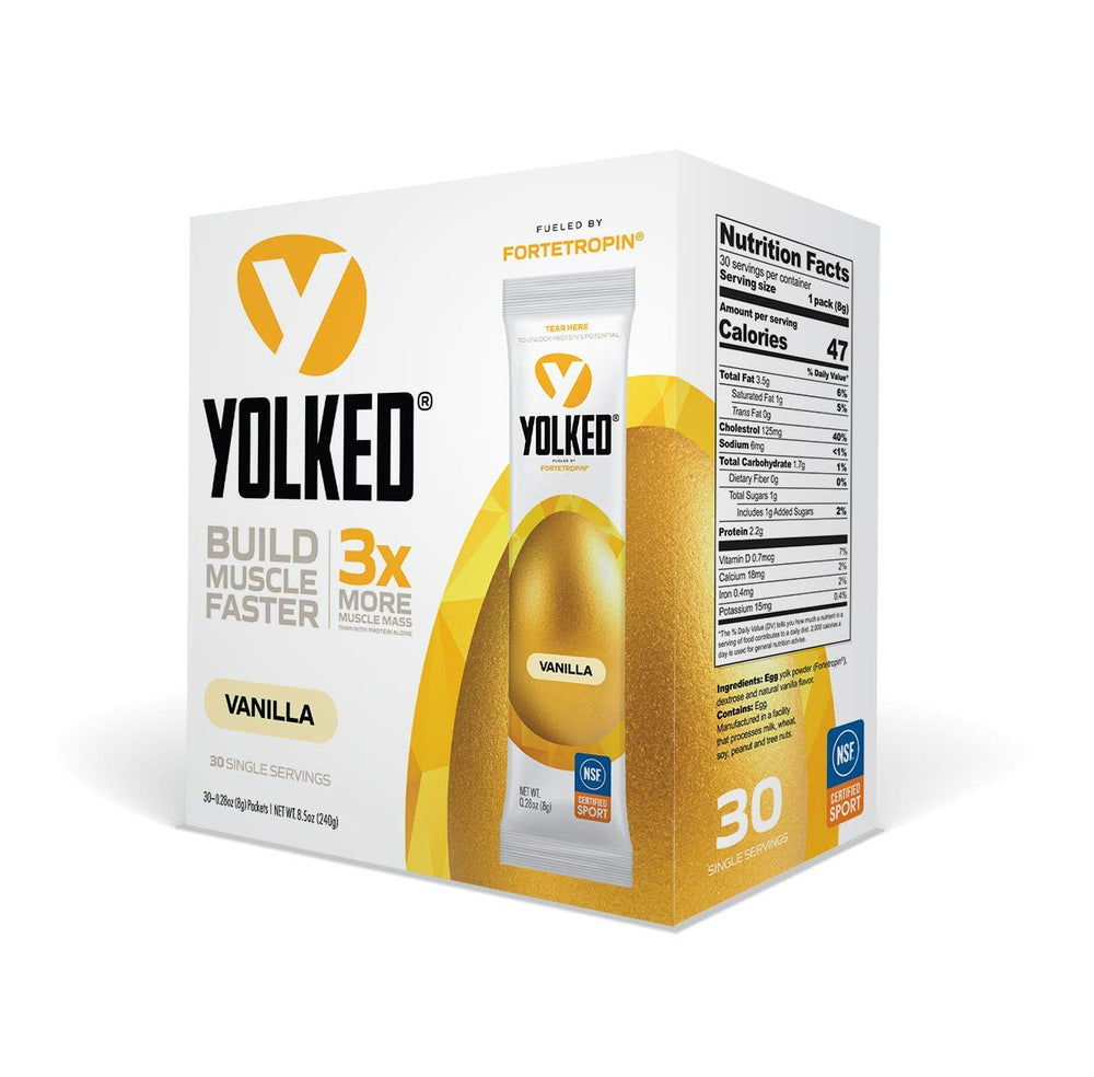 YOLKED Fortetropin vanilla pouches for on-the-go muscle support