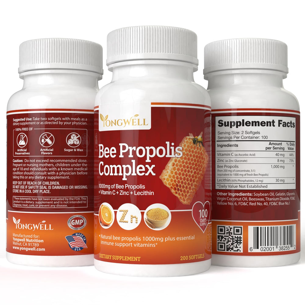 YongWell Propolis ingredients nutrition panel highlighting 1000 mg per dose and added nutrients.
