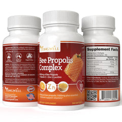 YongWell Propolis ingredients nutrition panel highlighting 1000 mg per dose and added nutrients.