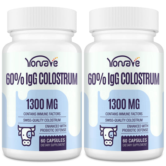 Yonrave bovine colostrum capsules on a bottle, convenient daily wellness.