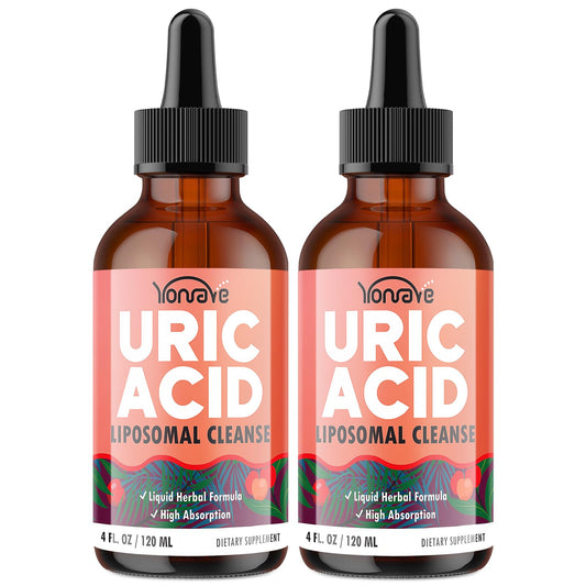Yonrave liposomal uric acid drops bottle with berry profile and label clearly shown, ready for daily use.