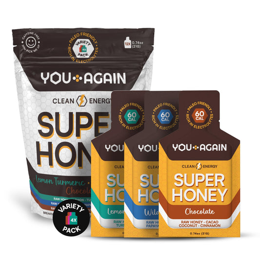 You Again Super Honey packets packaging for on-the-go energy during workouts